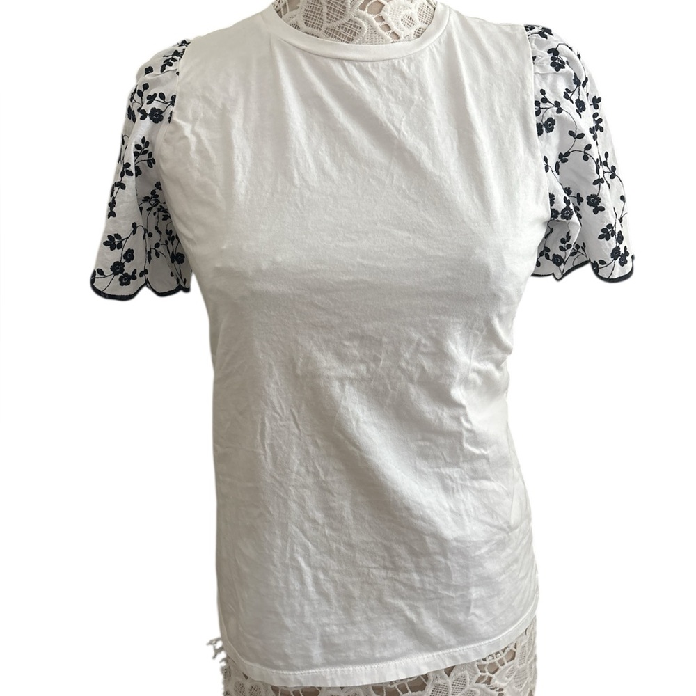 Ann Taylor White Top with Black Floral Sleeves
